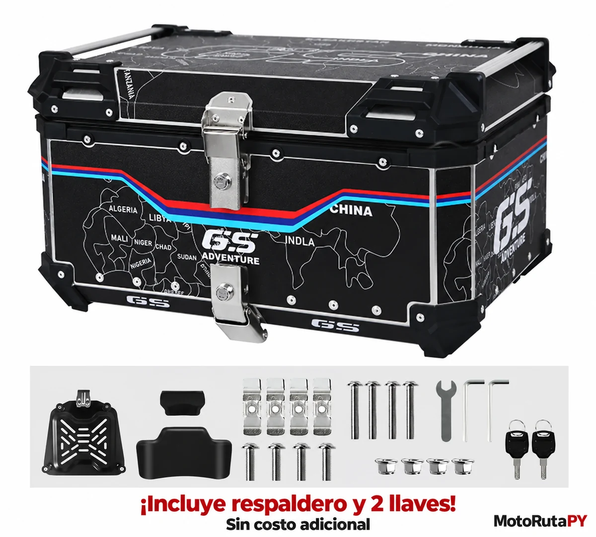 Baúl GS Adventure de 65 litros con su base, respaldero y dos llaves
